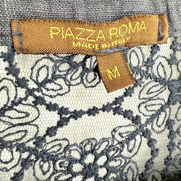 PIAZZA ROMA Sz Medium Made in ITALY Blue 100% LINEN Blouse Shirt Top Nautical - Picture 2 of 8